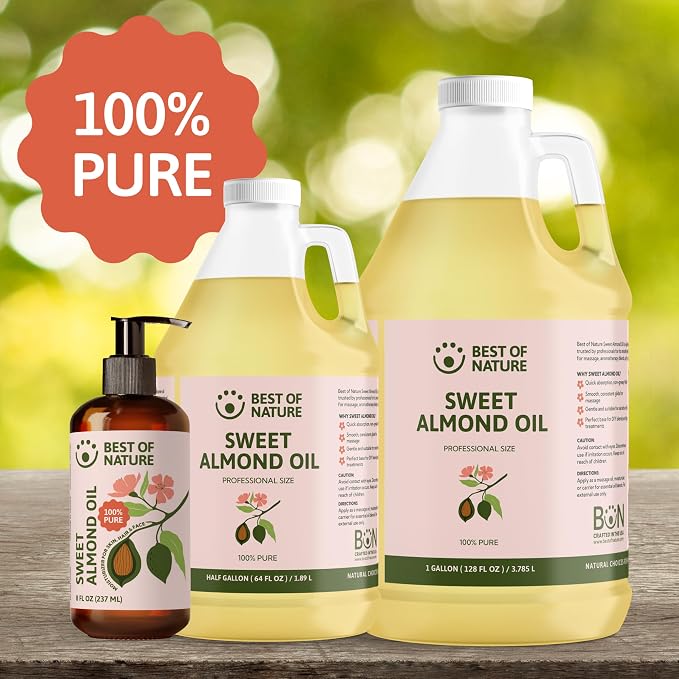 Best of Nature 100% Pure Sweet Almond Oil – Moisturizing Massage & Body Oil, Unscented for Hair, Skin, Face, Soap Making, Aromatherapy, Ideal Carrier for Essential Oils, Half Gallon (64 fl oz)