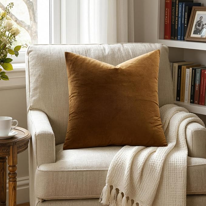 MIULEE Velvet Throw Pillow Covers 18x18 Inch Pack of 2 Golden Brown | Soft Solid Decorative Pillow Covers, Modern Luxury Home Decor, for Couch Chair Sofa Bedroom Livingroom