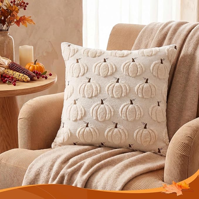 Fall Beige Pillow Covers 20x20 Set of 2 Double-Sided Pumpkin Decor | Beige plush comfort with raised pumpkin embroidery, designed for living rooms, bedrooms, and cozy fall home decorations.