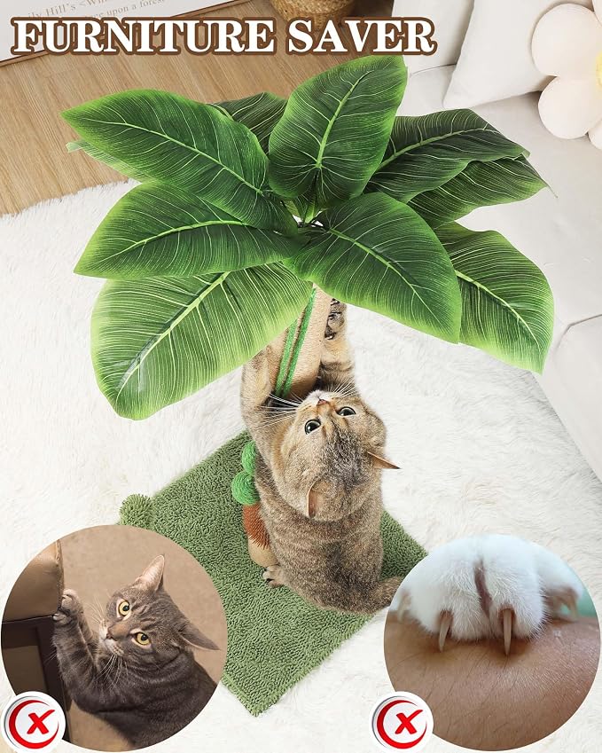 ANWA 35" Tall Simulated Cat Scratching Post with Self-Grooming Rubber Brush | Simulated Green Leaves, Natural Jute Cat Post, Scratch Post with Stable Base, Cat Furniture with Dangling Toys, Small Space