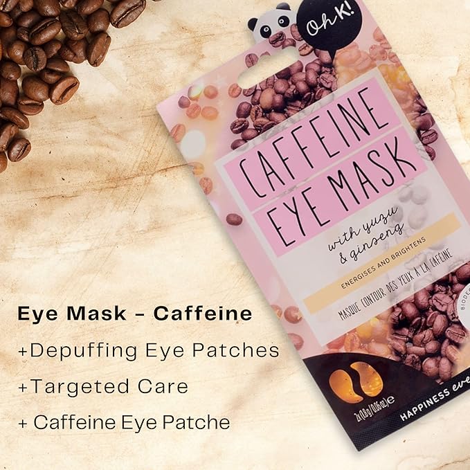 Oh K! Eye Mask - Caffeine - Hydrating Under Eye Patches for Dark Circles - Hydrogel Mask with Yuzu, Ginseng - Undereye Patches for Puffiness - 1 Pair