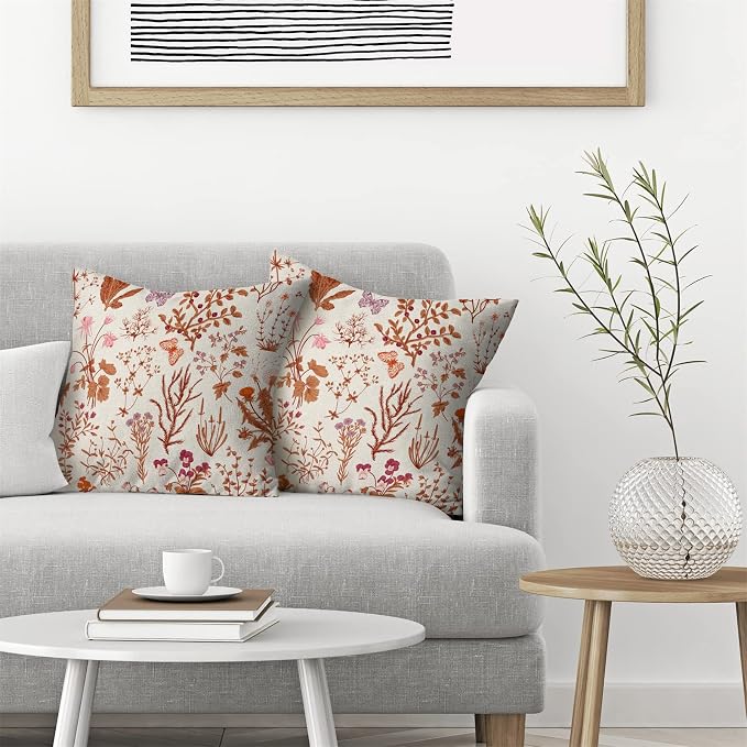 AEIOAE Fall Pillow Covers 18x18 Inch Set of 2,Burnt Orange Wild Flower Plant Throw Pillows Case,Autumn Colored Floral Outdoor Decorative Linen Farmhouse Decor Cushion Covers for Home Sofa Bed Couch