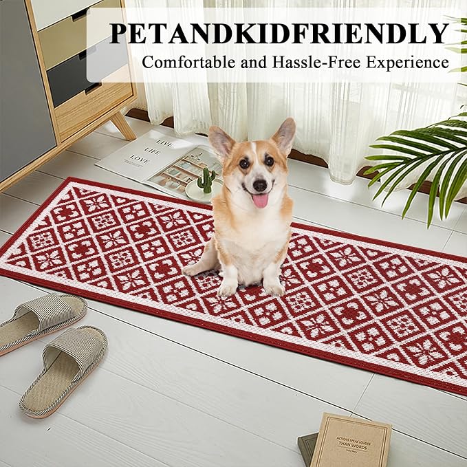 Ileading Christmas Hallway Runner Rug 2x6ft, Durable Xmas Welcome Indoor Doormat Mat Non Slip Kitchen Floor Mats with Rubber Backing, Machine Washable Red Winter Holiday Decor Entryway Carpet