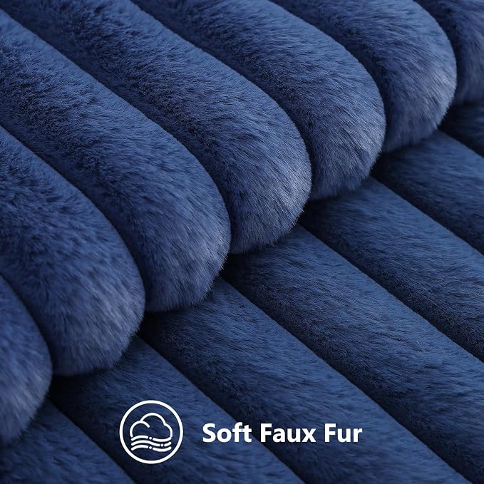 decorUhome Fall Faux Fur Throw Pillow Covers 20x20 Set of 2 Navy Blue | Decorative Soft Cozy Striped Plush Modern Farmhouse Boho Couch Pillow Cases Velvet Back for Sofa Bed Living Room Home Decor