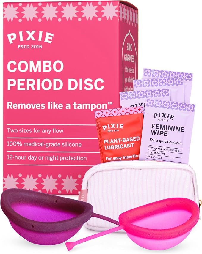 Pixie Medium & Large Menstrual Discs for Feminine Care – Soft Reusable Period Discs Made with 100% Medical-Grade Silicone – 12-Hour Wear – Holds up to 5 & 7 Tampons