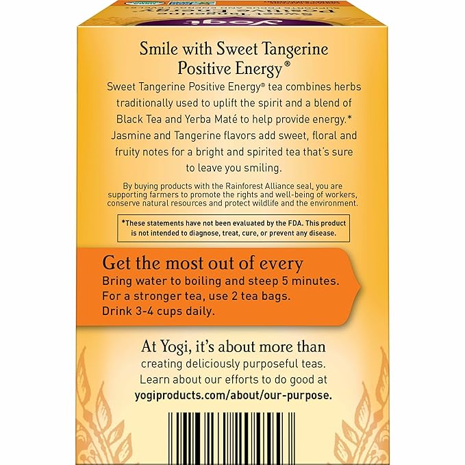 Yogi Sweet Tangerine Positive Energy Tea - 16 Tea Bags per Pack (6 Packs) - Organic Tangerine Energy Tea - Includes Black Tea Leaf, Yerba Mate Leaf, Ashwagandha Root & More