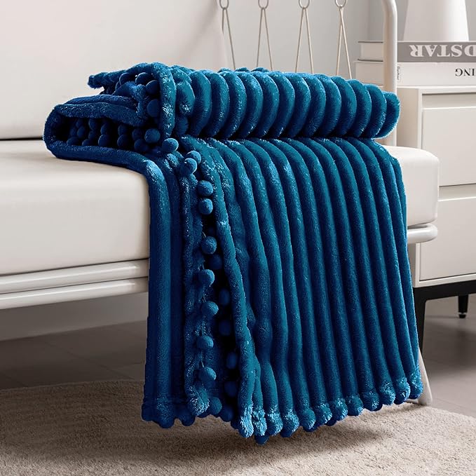 DISSA Fleece Blanket Queen Size – 90x90, Blue - Soft, Plush, Fluffy, Fuzzy, Warm, Cozy – Perfect Throw for Couch, Bed, Sofa - with Pompom Fringe - Flannel Blanket