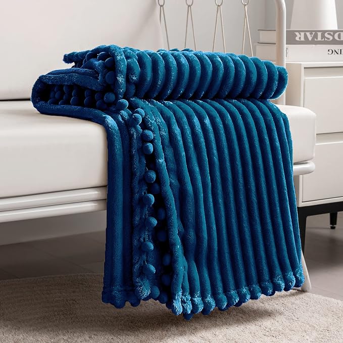 DISSA Fleece Blanket Queen Size – 71x80, Blue - Soft, Plush, Fluffy, Fuzzy, Warm, Cozy – Perfect Throw for Couch, Bed, Sofa - with Pompom Fringe - Flannel Blanket