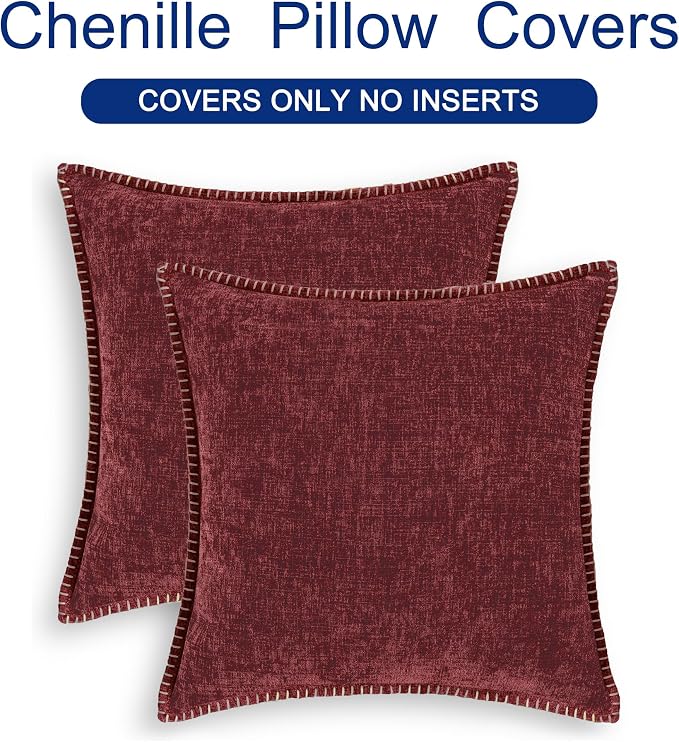 CaliTime Decorative Couch Throw Pillow Covers 24 X 24 Inches Burgundy | Pack of 2, Cozy Chenille Cushion Cases, Cotton Thread Stitching Edges, for Sofa Bed Living Room Farmhouse