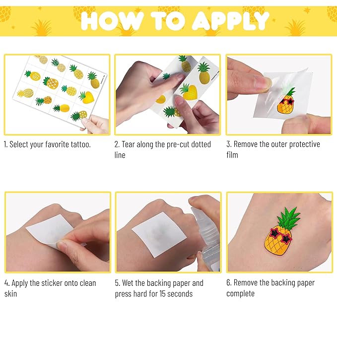 Pineapple Temporary Tattoos – 60 PCS (5 Sheets) Gold Summer Theme Birthday Party Favors, Cute Stickers for Kids Boys Girls, Classroom Prizes, Carnival Holiday Gifts