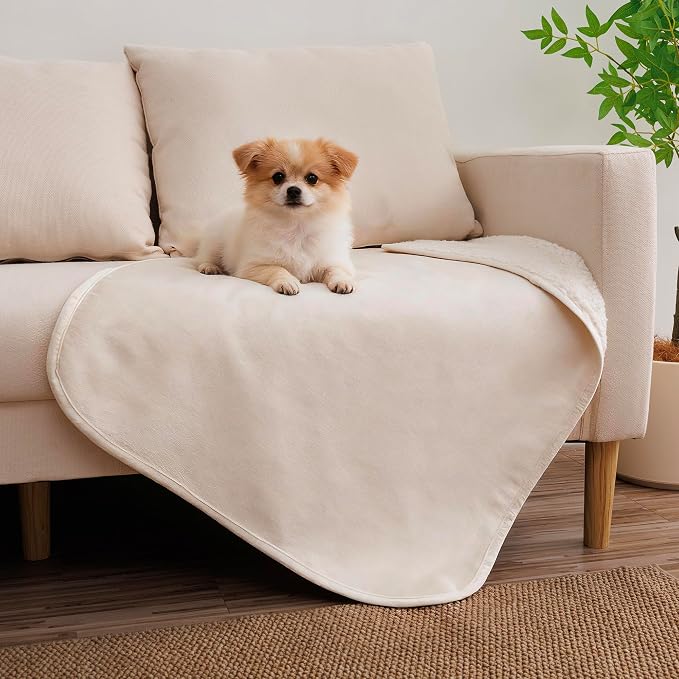 Waterproof Blanket for Dogs - Pet Throw as Furniture Protector | Cozy Sherpa & Smooth Velvet, Reversible and Machine Washable, for Couch, Bed, or Travel, 25"x35", Beige