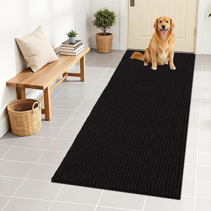 OLANLY Dog Door Mat for Muddy Paws 59x24, Extra Absorbent Chenille Mud Mat | Black, Absorbs Moisture and Dirt, Non-Slip Machine Washable Doormat, Quick-Drying Indoor Entryway Floor Mat for Dogs