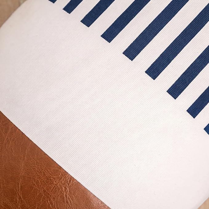 14x36 Lumbar Pillow Cover, Navy Blue Stripe and Brown Faux Leather Color Block Long Throw Pillow Case for Couch Bed Sofa, Farmhouse Modern Decorative Body Cushion Cover for Covered Porch