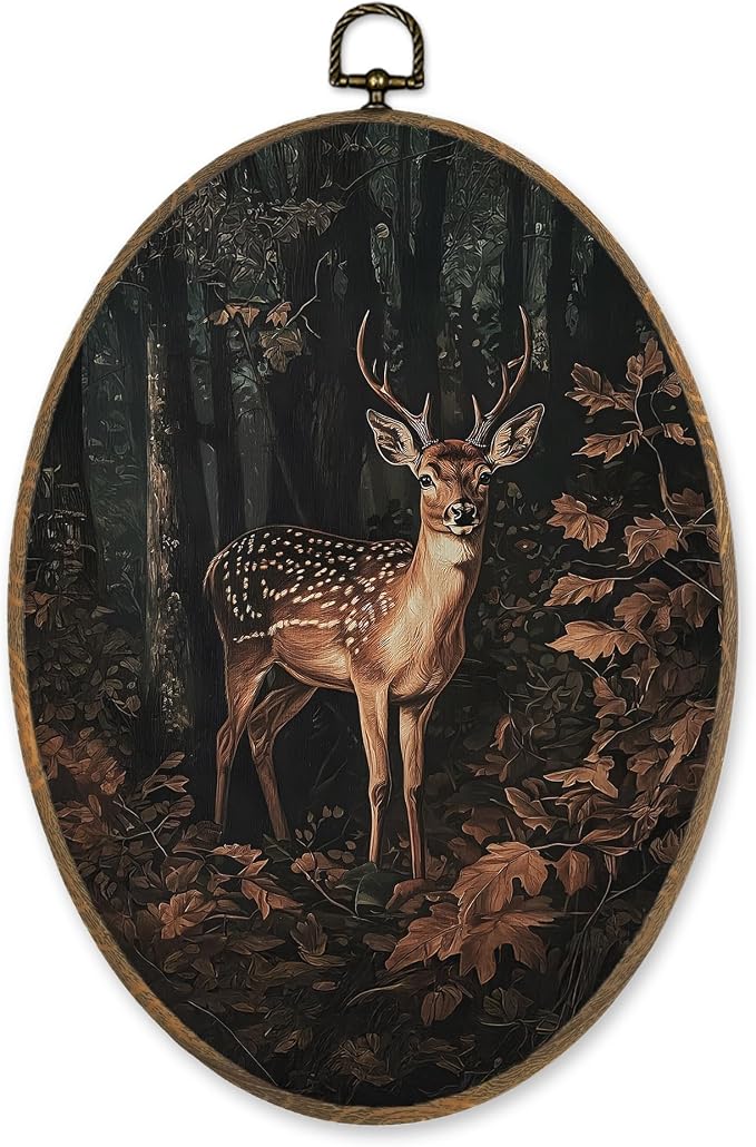 LKETW Vintage Nature Forest Deer Oval Wall Art Decor, Dark Academia Cottagecore Fall Forest Deer Oval Canvas Hanging Decor, Rustic Wild Animal Wall Decorations for Home Bedroom, 8.6x11.4 Inch