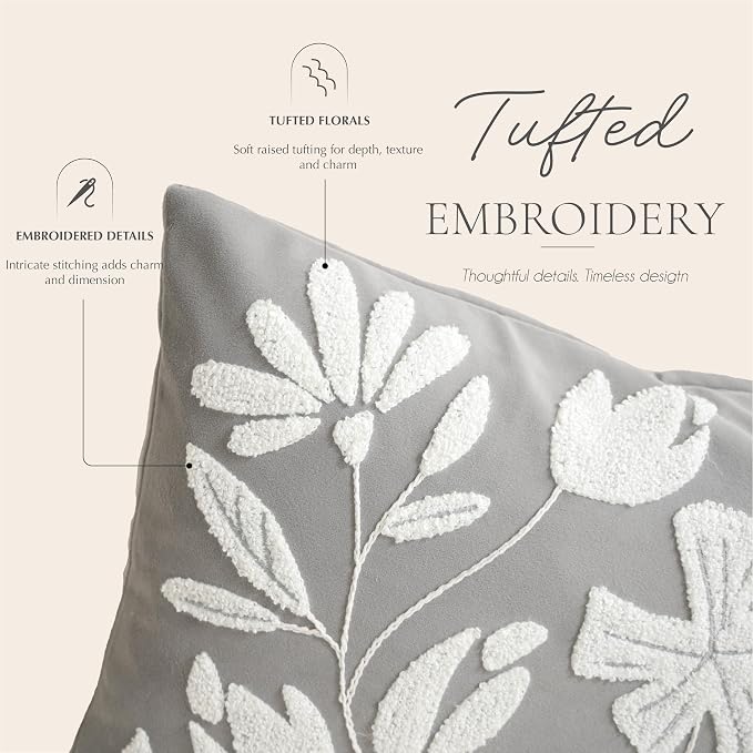 Lumbar Pillow Cover 12x20 Inch, Light Gray Floral Tufted Velvet Decorative Accent Pillow Case for Sofa Bed Living Room, Cover Only