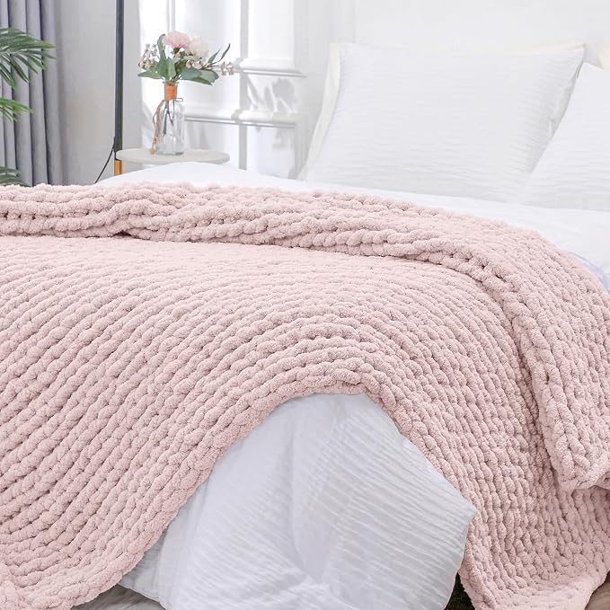 Bigacogo Chunky Knit Throw Blanket for Couch, 51x63 inches, Rose Tan | Hand Knit with Jumbo Chenille, Soft Breathable Cable Knit for Sofa Bed Living Room, Machine Washable, Gift for Mom Friend