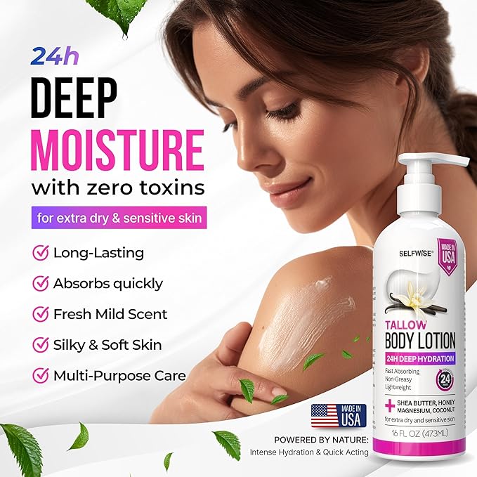 Beef Tallow Body Lotion with Magnesium, Shea Butter, Avocado, Honey - Natural Lotion with Vitamin E - Fast Absorbing, Non-Greasy Moisturizer for Dry & Sensitive Skin, Daily Hydrating Body Cream, 16oz