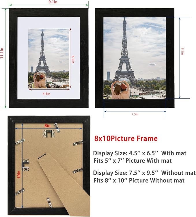 Hongkee 8x10 Picture Frame Set of 4, Made of Real Glass and Rustic Black Wooden Frame, 8 by 10 Photo for Wall or Tabletop - Display Picture 5x7 with Mat or 8x10 Without Mat