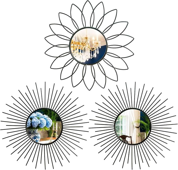 3 Pack Metal Mirrors for Wall Sunburst Wall Mirrors Home Décor Decorative Hanging Wall Art for Living Room Bedroom Entryway (Black2, Flower+Sunburst)