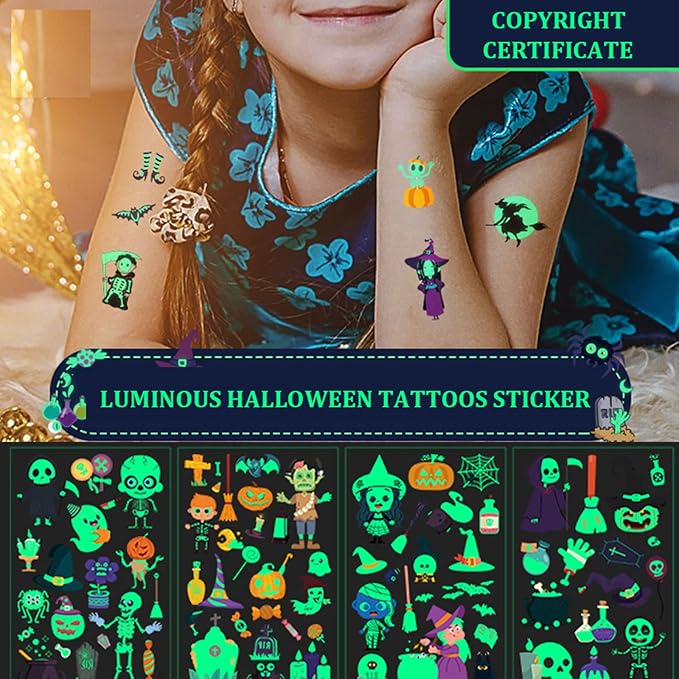 Luminous Halloween Temporary Tattoos for Kids, 360Pcs Halloween Cosplay Face Fake Tattoos, Glow In The Dark Tattoos for Adults, Holiday Party Favor Prizes Goody Bag Stuffers, Body Stickers Decorations