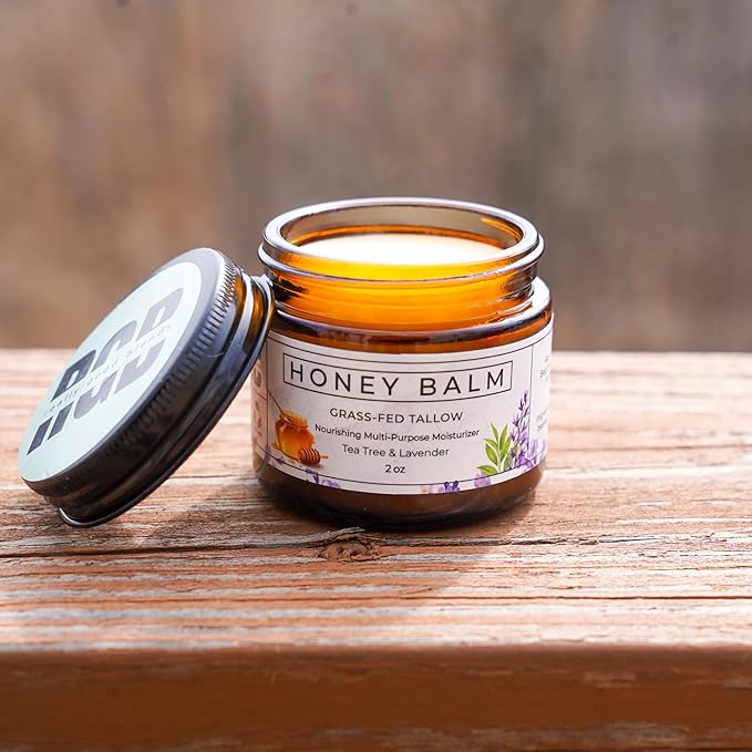Tallow and Honey Balm, Organic Body Butter, Grass-Fed Beef Tallow for Skin, Soothing All-Natural Moisturizer for Body and Face | Made in USA - 2 oz (Tea Tree & Lavender)