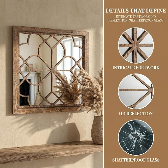 Set of 2 18 Inch Large Square Maroon Window Pane Wall Mirrors, Shatterproof Rustic Farmhouse Boho Vintage Accent Mirrors for Living Room, Bedroom, Bathroom, Entryway & Home Decor