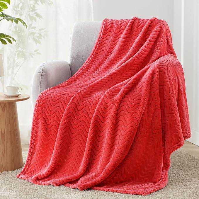 Exclusivo Mezcla Soft Fleece Throw Blanket for Couch, Cozy Lightweight Blankets with Decorative Wave Textured Suitable for All Season Use, Red, 50x70 Inches | 50"x70" Soft Breathable Lightweight Flannel Throws for Summer, Plush Cozy Jacquard Wave Blank...