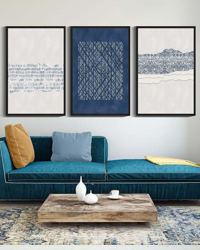 Drsoum Blue Abstract Boho Framed Wall Art Large 24x36in Minimalist Mid-Century Modern Wall Decor Geometric Artwork Kitchen Dining Room Black Framed