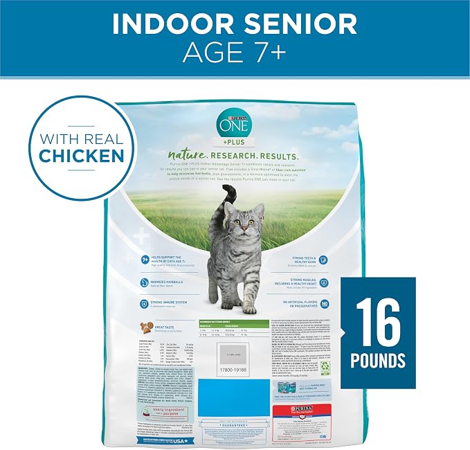 Purina ONE Indoor Advantage Senior Dry Cat Food, High Protein, 16 lb Bag | Made with real chicken and a natural fiber blend that helps minimize hairballs and supports immune health for senior cats