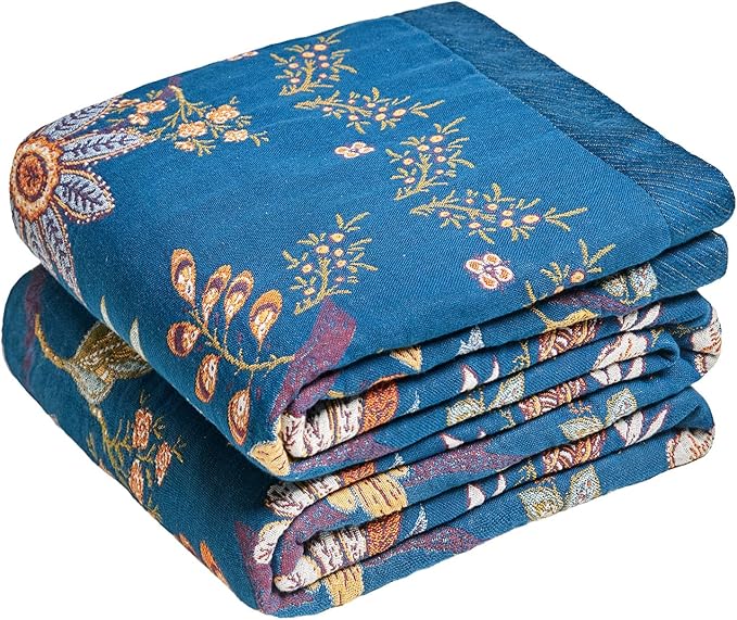 MSGKV Boho Throw Blanket 50"x60" Summer Cotton Blue Floral Throw for Couch | Muslin Throw, Blue Floral Pattern, Reversible Woven, Lightweight Comfort, Farmhouse Decor, All Seasons, Machine Washable