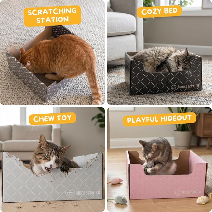 Hide & Scratch Cardboard Cat Scratcher Box & Bed Dark Grey Diamond Pad