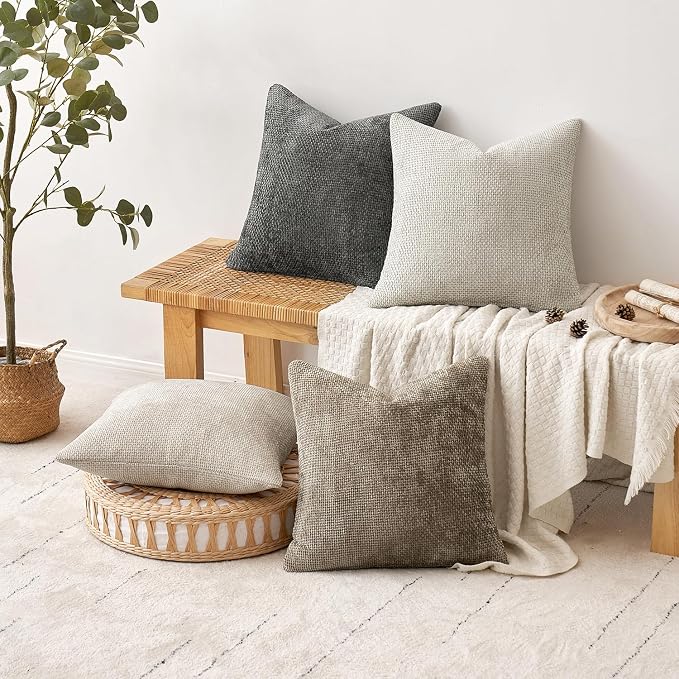MIULEE Soft Decorative Chenille Pillow Covers Neutral 16x16 Pack of 4 | Mid Century Modern Decor, Cream to Charcoal Set, Couch Throw Pillows, Farmhouse Boho Cushion Covers for Sofa Bed Living Room