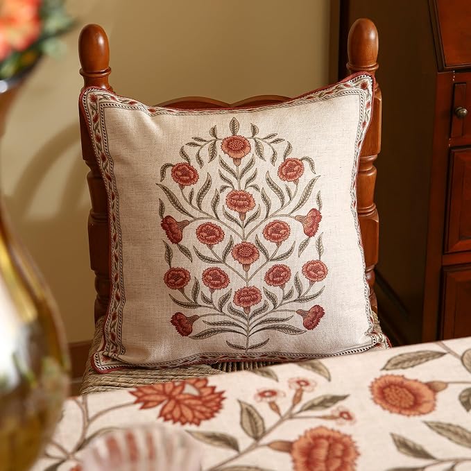 Designer Vintage French Linen Throw Pillow Cover,18"x18"-Albano B | Elegant Square Pillow Cover,Concealed Zipper Design,Floral Pattern,Sofas,Bedroom,Living Room,Lounge Chairs,Decor