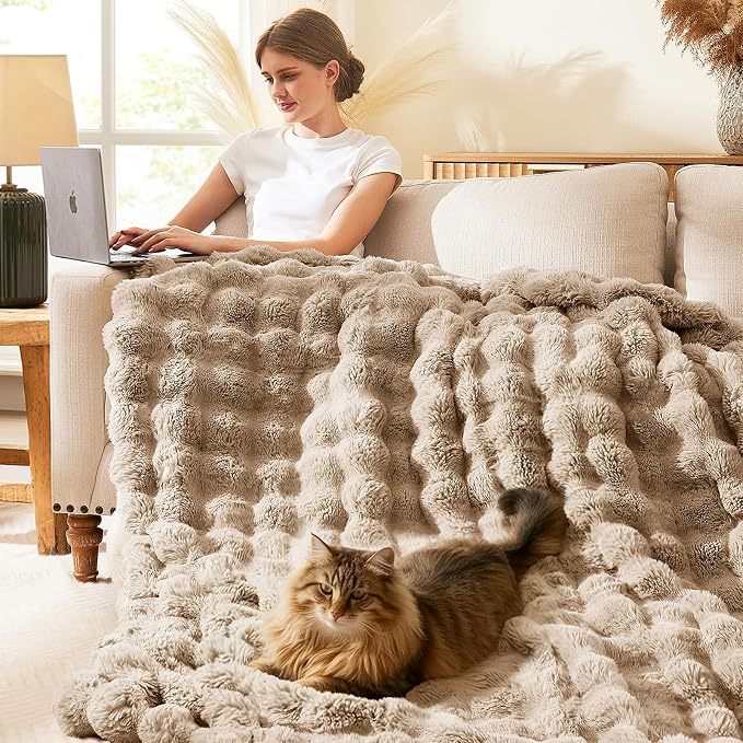 L'AGRATY Faux Rabbit Fur Throw Blanket for Couch, 90'' x 90'', Light Linen | Soft Cozy Bubble Fluffy Blanket for Sofa Bed, Thick Warm Plush Fuzzy Throw for Room Home Decor, Luxury Gift for Women Mom