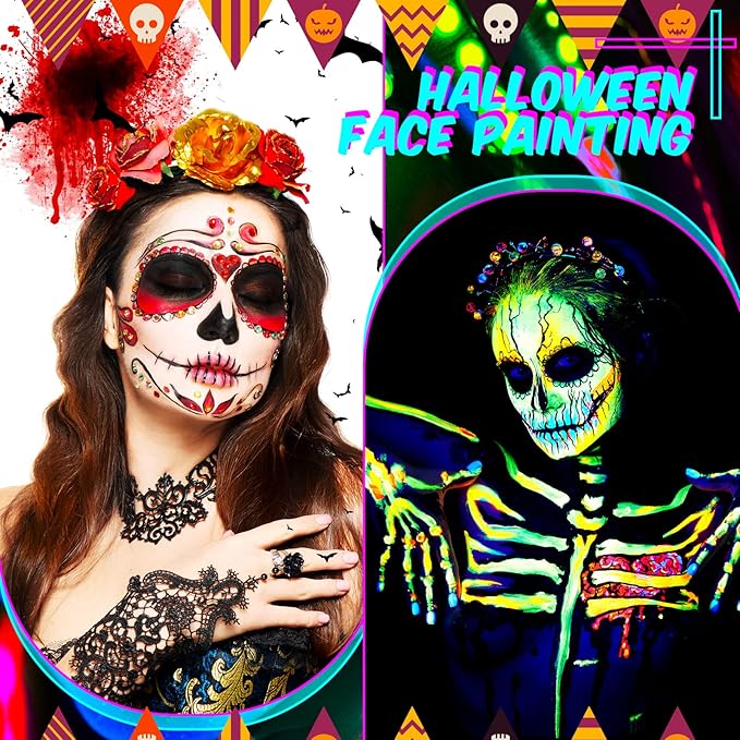 Handepo 24 Pcs Glow in the Black Light Face Paint Crayons Neon Face Body UV Light Paint Kit Fluorescent Halloween Masquerade Makeup for Adult Mardi Gras Parties(Rainbow Color)