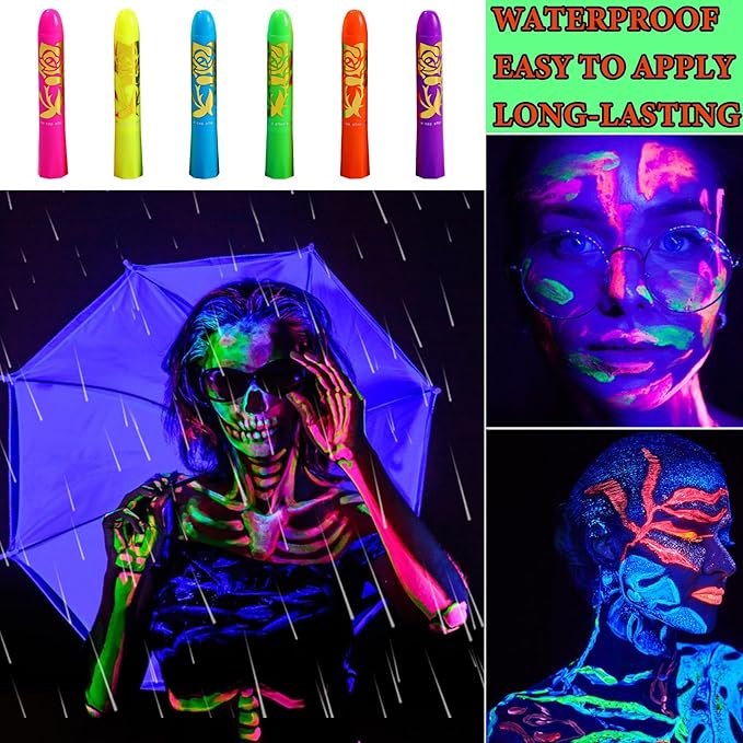 6 Pcs Glow in the Dark Face Body Paint,Blacklight Neon Face & Body Paints,Easily Cleanable Paint Set Neon Makeup Glow in the Dark Party Supplies A