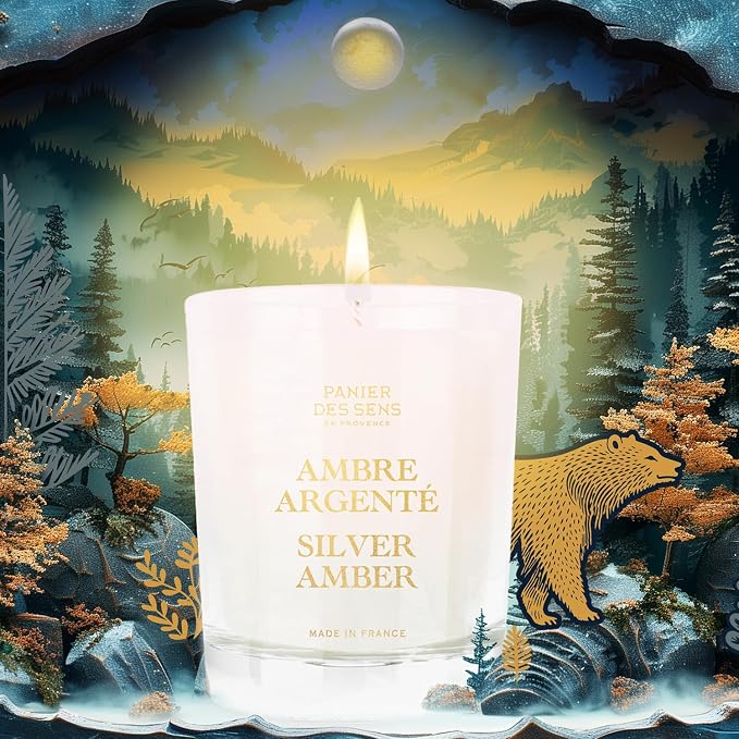 Panier des Sens Silver Amber Long-Lasting Scented Candle, 6.3 oz | Hand-Poured In Provence | Up To 55 Hours Burn Time | 100% Natural Cotton Wick | Long-Lasting French Home Fragrance