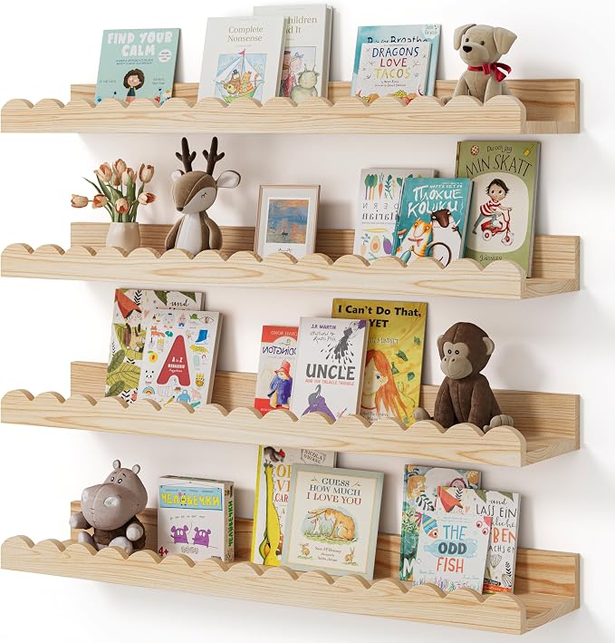 Shario Nursery Book Shelves, 4-Pack Wood Floating Shelves for Wall Kids, Scalloped Shelves, Wall Book Shelves for Bedroom Kids, Toddler Room, Baby Room, Nursery Decor (Wood, 23 Inches)