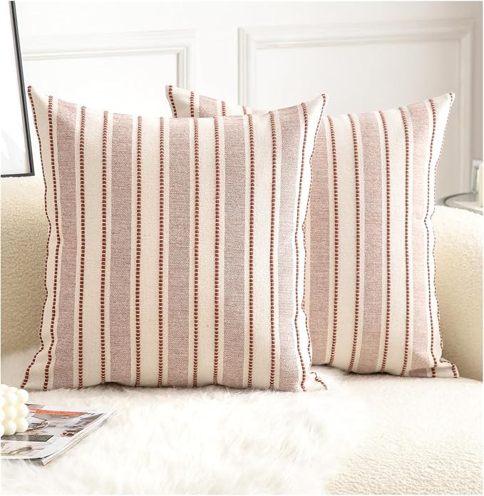 Cethom Decorative Boho Throw Pillow Covers, Farmhouse Textured Pillow Case, 20 x 20 Inch Set of 2, Chair Sofa Bedroom Living Room Home Decor Couch Cushion Case, Rust and Beige Striped