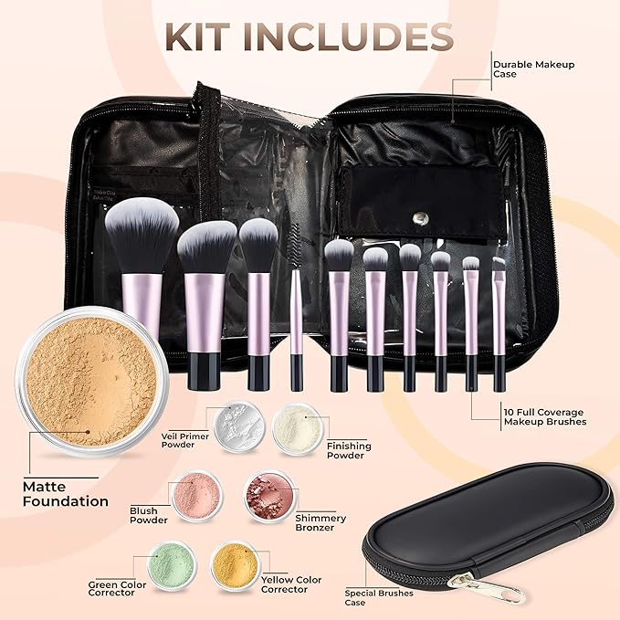 19 pc STARTER KIT w/BRUSHES & CASE (BEIGE) Mineral Makeup Foundation Blush Bronzer Illuminating Veil Set Bare Skin Matte Powder