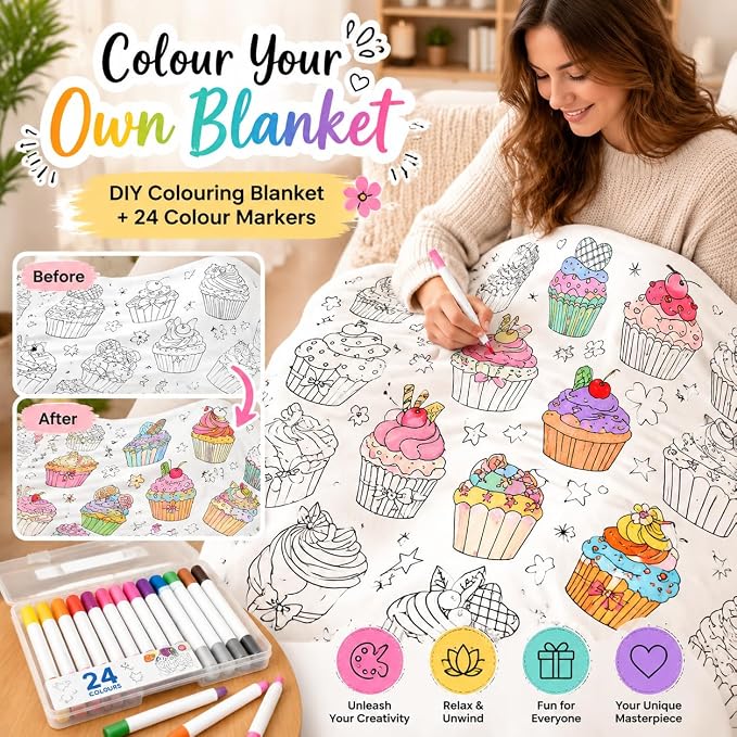 VEELU DIY Cupcake Coloring Blankets with 24 Colors Markers for Adults | Color In Your Own Blankets With 24 Colors Markers, Snuggle Color Sketch Washable Blankets Kit Home Decor