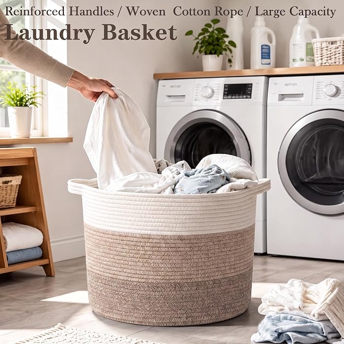 115L Extra Large Blanket Basket,Woven Rope Laundry Basket-Mix Brown | Collapsible Nursery Storage Bin with Sturdy Handles, Organizes Clothes, Toys and Pillows for Living Room, Bedroom, Bathroom