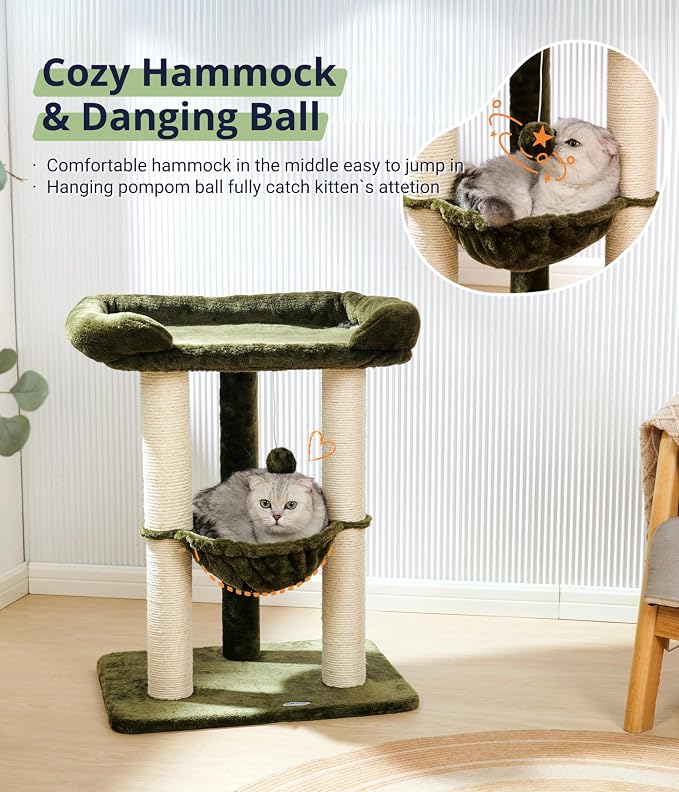 Cat Tree, Cat Scratching Posts with Large Bed for Big Cats | Green, Small Cat Tower, 28" Tall For Window Viewing, 23.6"x15.7" Large Cat Bed, Cat Hammock, Removable Cover, Solid Structure