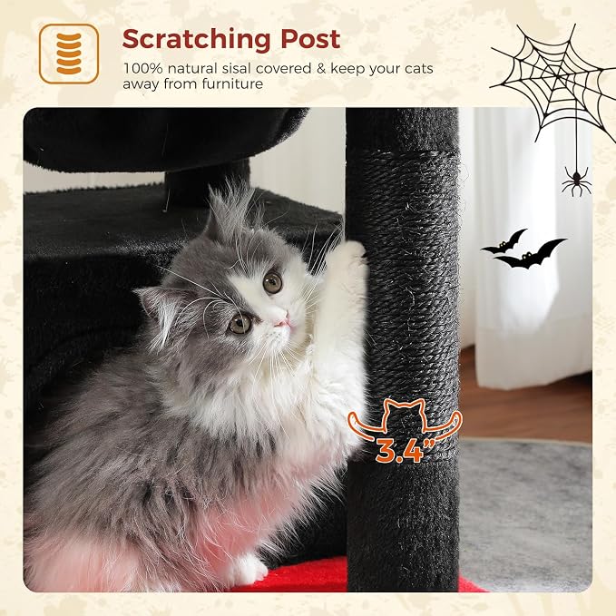 PEQULTI 4-in-1 Gothic Cat Tree for Kittens & Small Cats, 33in Black Tower | Compact 33in cat tower: deep hammock, cozy condo, top perch, sisal post; removable washable cover; wide base for small cats