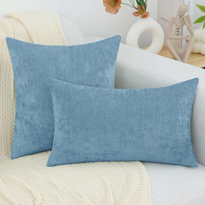 decorUhome Soft Chenille Grey Blue Throw Pillow Covers 16X16 Set of 2 | Decorative Fall Couch Pillow Covers Solid Dyed Accent Modern Farmhouse Neutral Square Pillow Cases for Sofa