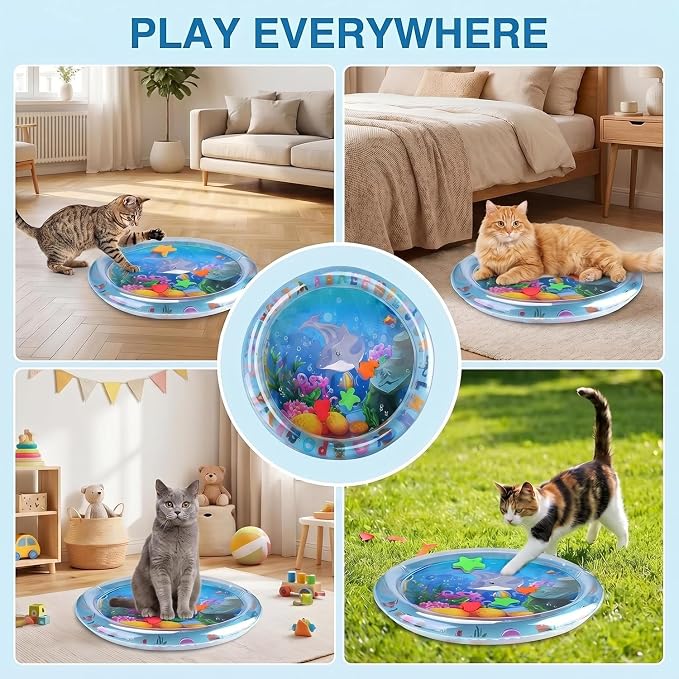 2 Pieces Upgraded Thickened Cat Water Mat,Water Sensory Play Mat with Fish | Interactive Cat Toy for Cats to Exercise,Hunting,Swatting,Aqua Anti-Scratch Leak Proof Foldable Play Mat with Fish for Pet