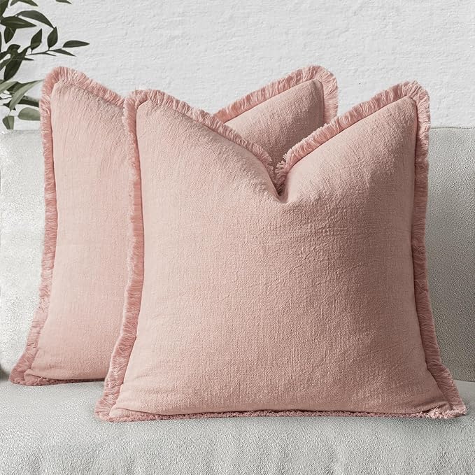 MIULEE Boho Linen Fringe Decorative Throw Pillow Covers Pink 18x18 | Set of 2, Cottagecore Decor, Boho Farmhouse Neutral Pillow Covers, Rustic Couch Cushion Cases for Sofa Bed Living Room