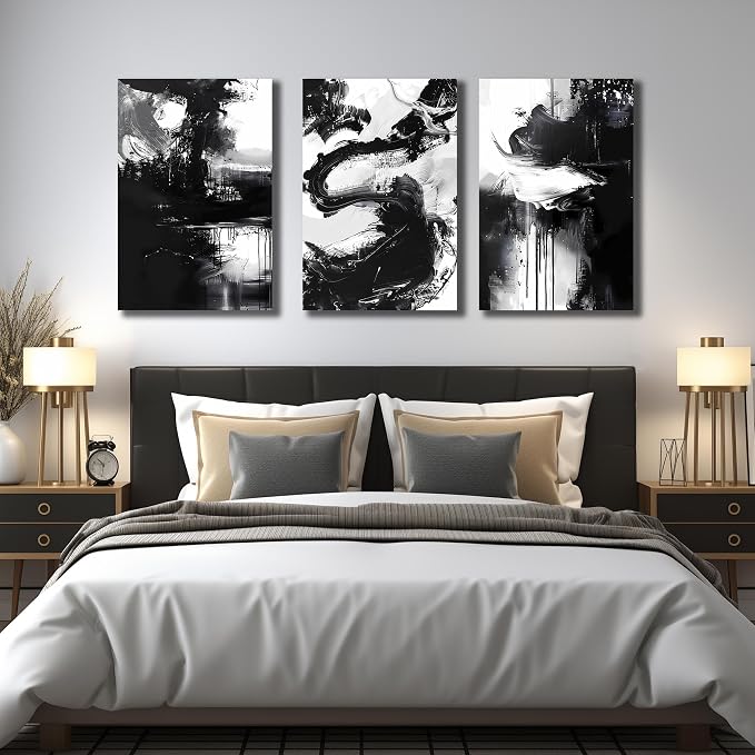 DNIEOTU Abstract Canvas Wall Art for Living Room, Black and White Wall-Decor for Bedroom, Modern Ink - Style Paintings for Hallway Office, Size 24 x 36 Inches 3-Piece