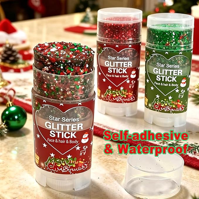 Red Green and White Body Glitter Stick, Christmas Hair Glitter for Kids,Xmas Party Festivel Accessories Outfits for Women Face Glitters Makeup, Long Lasting Chunky Sequins Gel for Christmas (Red)