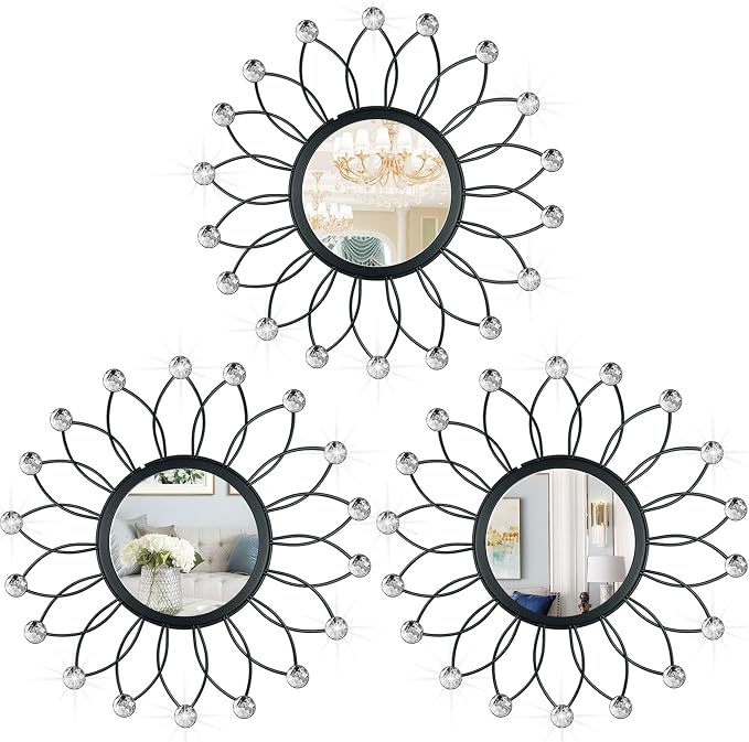 3 Pack Metal Mirrors for Wall Sunburst Wall Mirrors Home Décor Decorative Hanging Wall Art for Living Room Bedroom Entryway (Black Crystal, Flowers)